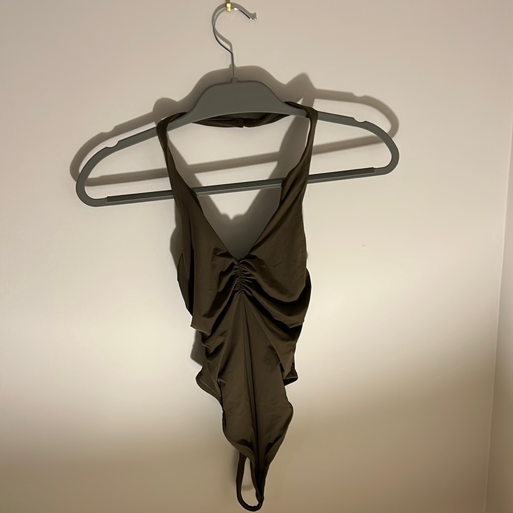 Free people Olive green scrunch front halter bodysuit